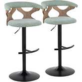 Gardenia Adjustable Swivel Bar Stool in White Washed Wood, Black Fabric & Green Fabric (Set of 2)